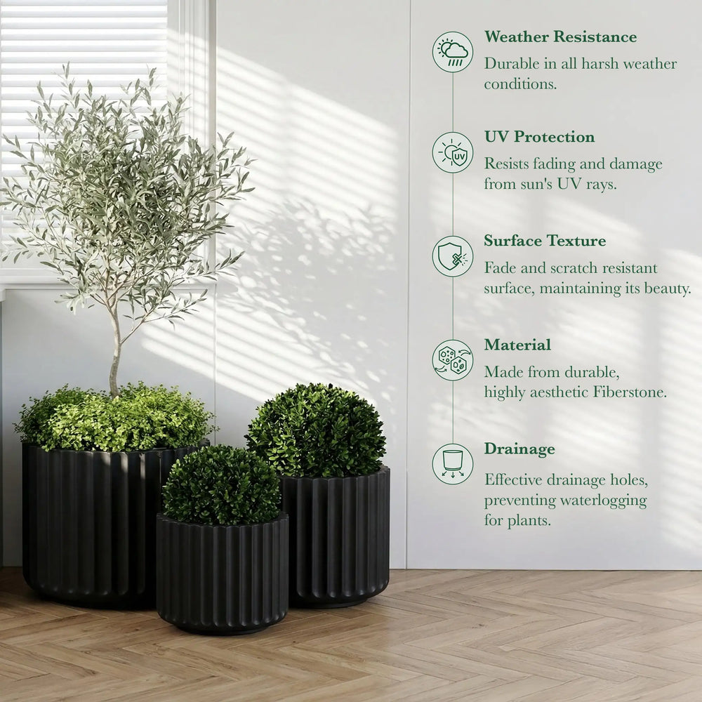 DTY Mount Shavano 16.3'' D x 14.75'' H (Pot Opening 14.4'') Fiberstone Fluted Planter with Drainage Hole, Weather Resistant for Indoor and Outdoor, 2 Extra Coco Mats - Black, Large