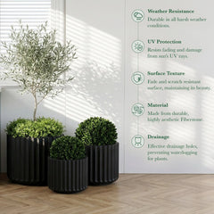 DTY Mount Shavano 16.3'' D x 14.75'' H (Pot Opening 14.4'') Fiberstone Fluted Planter with Drainage Hole, Weather Resistant for Indoor and Outdoor, 2 Extra Coco Mats - Black, Large perspective