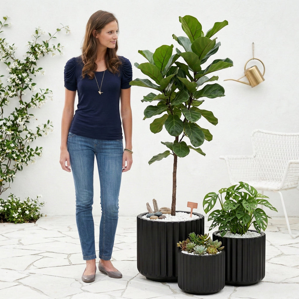 DTY Mount Shavano 16.3'' D x 14.75'' H (Pot Opening 14.4'') Fiberstone Fluted Planter with Drainage Hole, Weather Resistant for Indoor and Outdoor, 2 Extra Coco Mats - Black, Large Media 5
