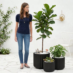 DTY Mount Shavano 16.3'' D x 14.75'' H (Pot Opening 14.4'') Fiberstone Fluted Planter with Drainage Hole, Weather Resistant for Indoor and Outdoor, 2 Extra Coco Mats - Black, Large perspective