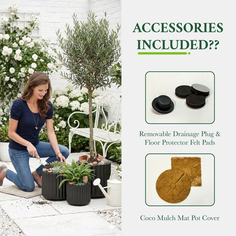 DTY Mount Shavano 16.3'' D x 14.75'' H (Pot Opening 14.4'') Fiberstone Fluted Planter with Drainage Hole, Weather Resistant for Indoor and Outdoor, 2 Extra Coco Mats - Black, Large