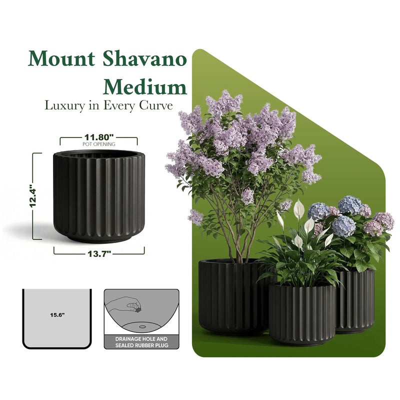 DTY Mount Shavano 16.3'' D x 14.75'' H (Pot Opening 14.4'') Fiberstone Fluted Planter with Drainage Hole, Weather Resistant for Indoor and Outdoor, 2 Extra Coco Mats - Black, Large