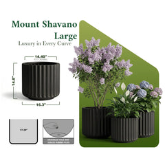 DTY Mount Shavano 16.3'' D x 14.75'' H (Pot Opening 14.4'') Fiberstone Fluted Planter with Drainage Hole, Weather Resistant for Indoor and Outdoor, 2 Extra Coco Mats - Black, Large perspective