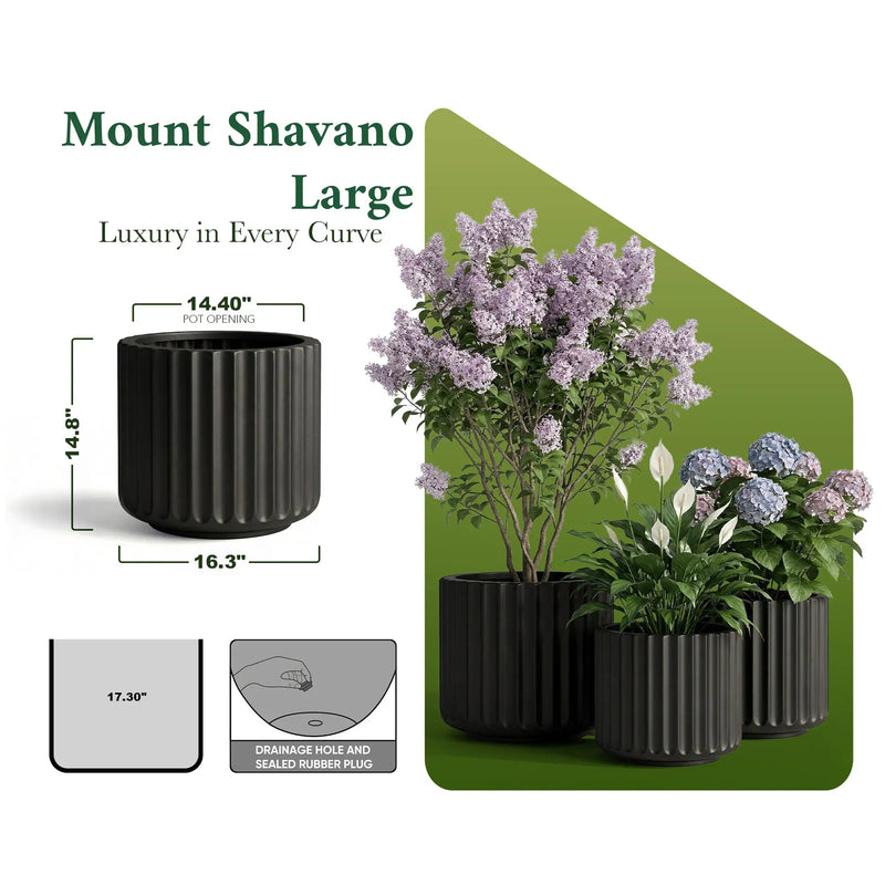 DTY Mount Shavano 16.3'' D x 14.75'' H (Pot Opening 14.4'') Fiberstone Fluted Planter with Drainage Hole, Weather Resistant for Indoor and Outdoor, 2 Extra Coco Mats - Black, Large