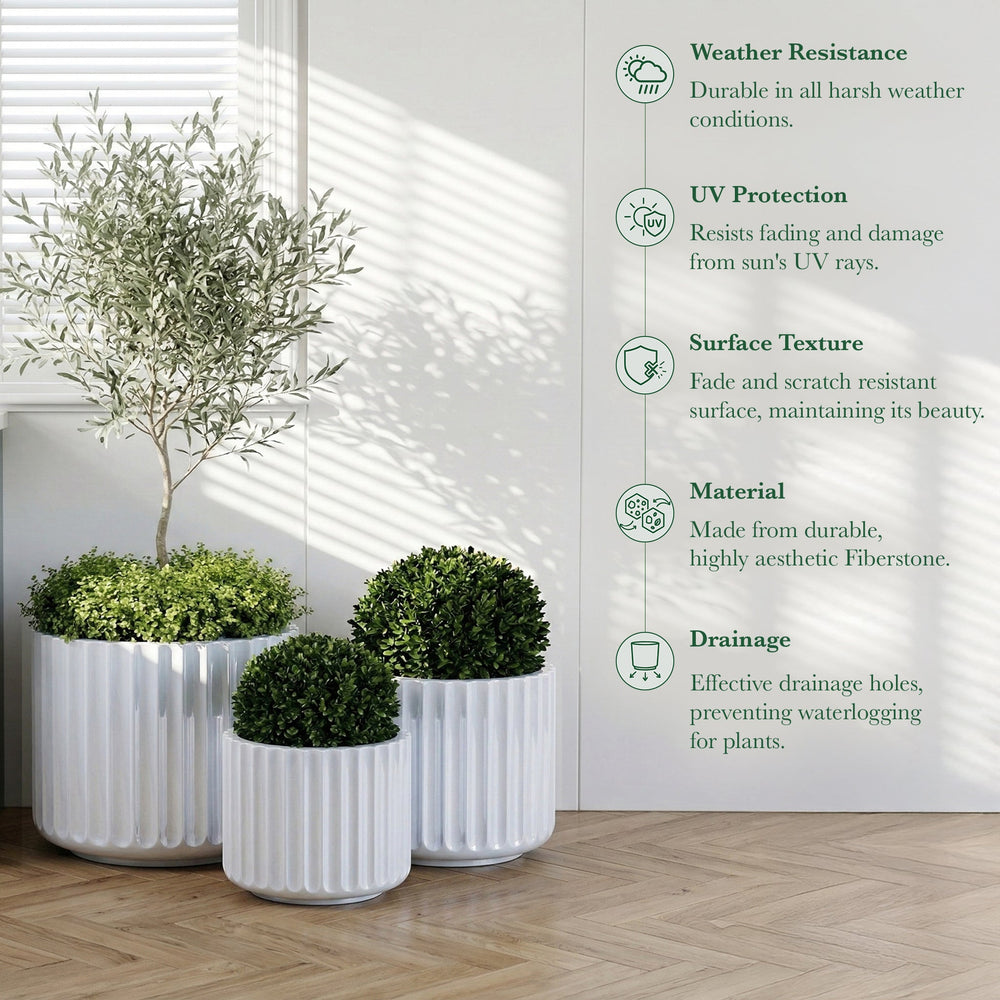 DTY Mount Shavano 16.3'' D x 14.75'' H (Pot Opening 14.4'') Fiberstone Fluted Planter with Drainage Hole, Weather Resistant for Indoor and Outdoor, 2 Extra Coco Mats - Black, Large Media 12