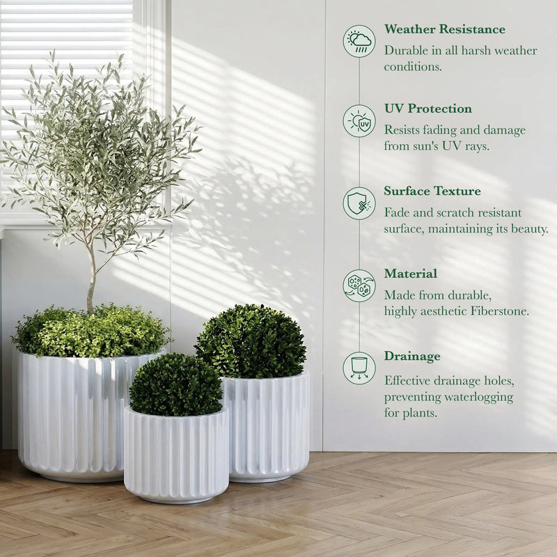 DTY Mount Shavano 16.3'' D x 14.75'' H (Pot Opening 14.4'') Fiberstone Fluted Planter with Drainage Hole, Weather Resistant for Indoor and Outdoor, 2 Extra Coco Mats - Black, Large