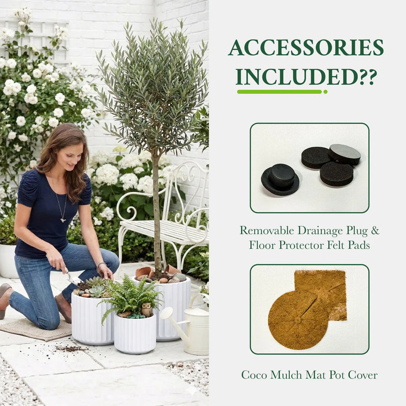 DTY Mount Shavano 16.3'' D x 14.75'' H (Pot Opening 14.4'') Fiberstone Fluted Planter with Drainage Hole, Weather Resistant for Indoor and Outdoor, 2 Extra Coco Mats - Black, Large