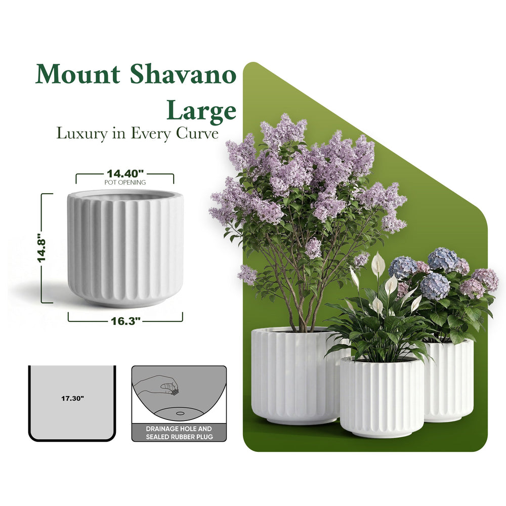 DTY Mount Shavano 16.3'' D x 14.75'' H (Pot Opening 14.4'') Fiberstone Fluted Planter with Drainage Hole, Weather Resistant for Indoor and Outdoor, 2 Extra Coco Mats - Black, Large Media 16