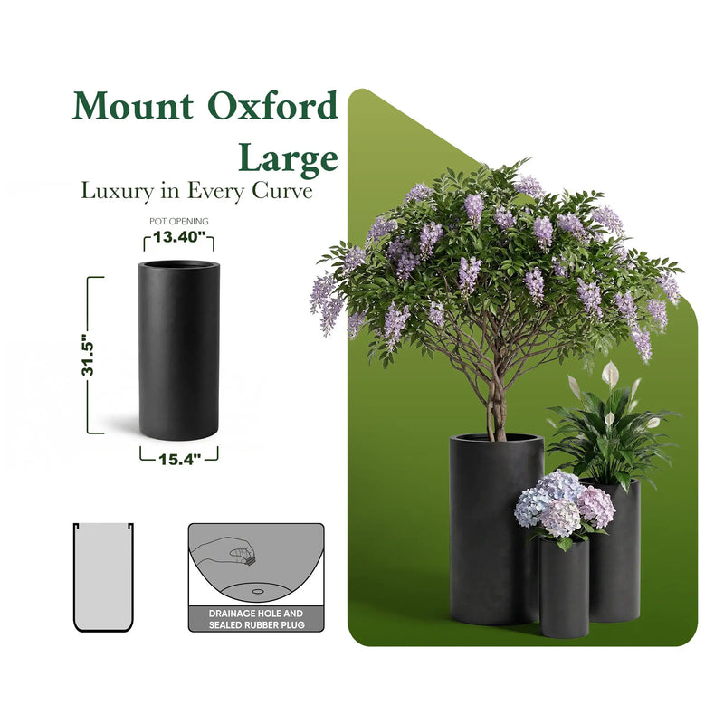 DTY Mount Oxford 15.7" D x 31.5" H (Pot Opening 11.0") Fiberstone Tall Planter with Drainage Hole, Weather Resistant for Indoor and Outdoor, 2 Extra Coco Mats - Black, Large