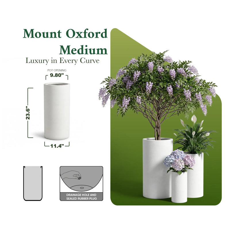DTY Mount Oxford 15.7" D x 31.5" H (Pot Opening 11.0") Fiberstone Tall Planter with Drainage Hole, Weather Resistant for Indoor and Outdoor, 2 Extra Coco Mats - Black, Large