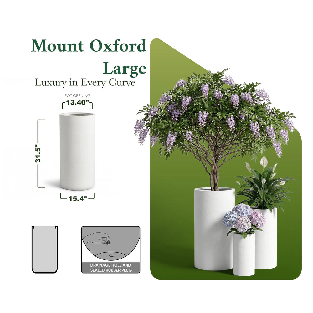DTY Mount Oxford 15.7" D x 31.5" H (Pot Opening 11.0") Fiberstone Tall Planter with Drainage Hole, Weather Resistant for Indoor and Outdoor, 2 Extra Coco Mats - Black, Large