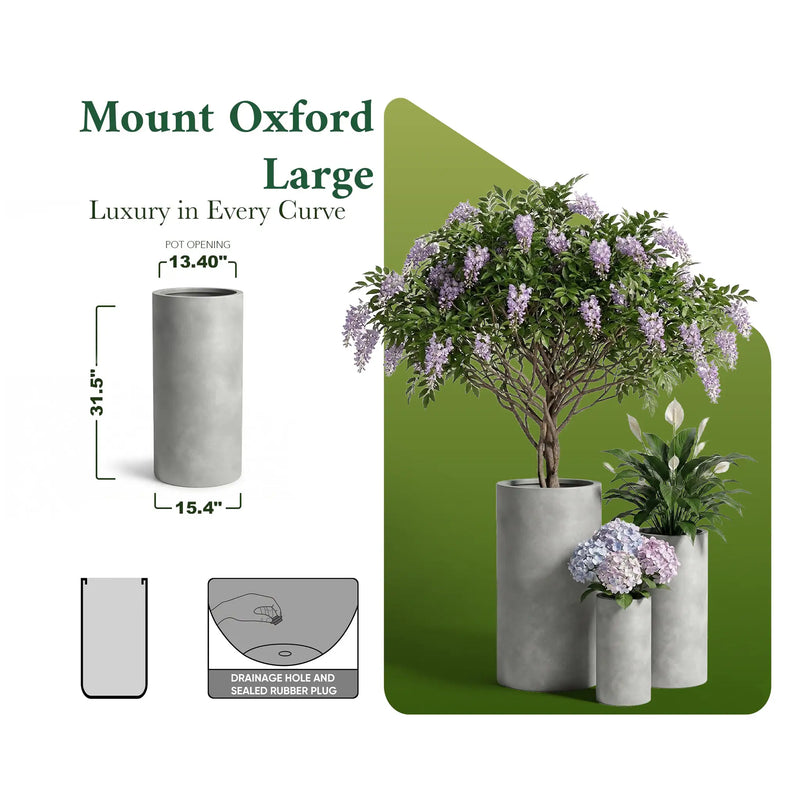 DTY Mount Oxford 15.7" D x 31.5" H (Pot Opening 11.0") Fiberstone Tall Planter with Drainage Hole, Weather Resistant for Indoor and Outdoor, 2 Extra Coco Mats - Black, Large