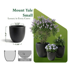 DTY Mount Yale 11.8" D x 11" H (Pot Opening 8.3") Fiberstone Planter with Drainage Hole, Weather Resistant for Indoor and Outdoor, 2 Extra Coco Mats - Black, Small perspective