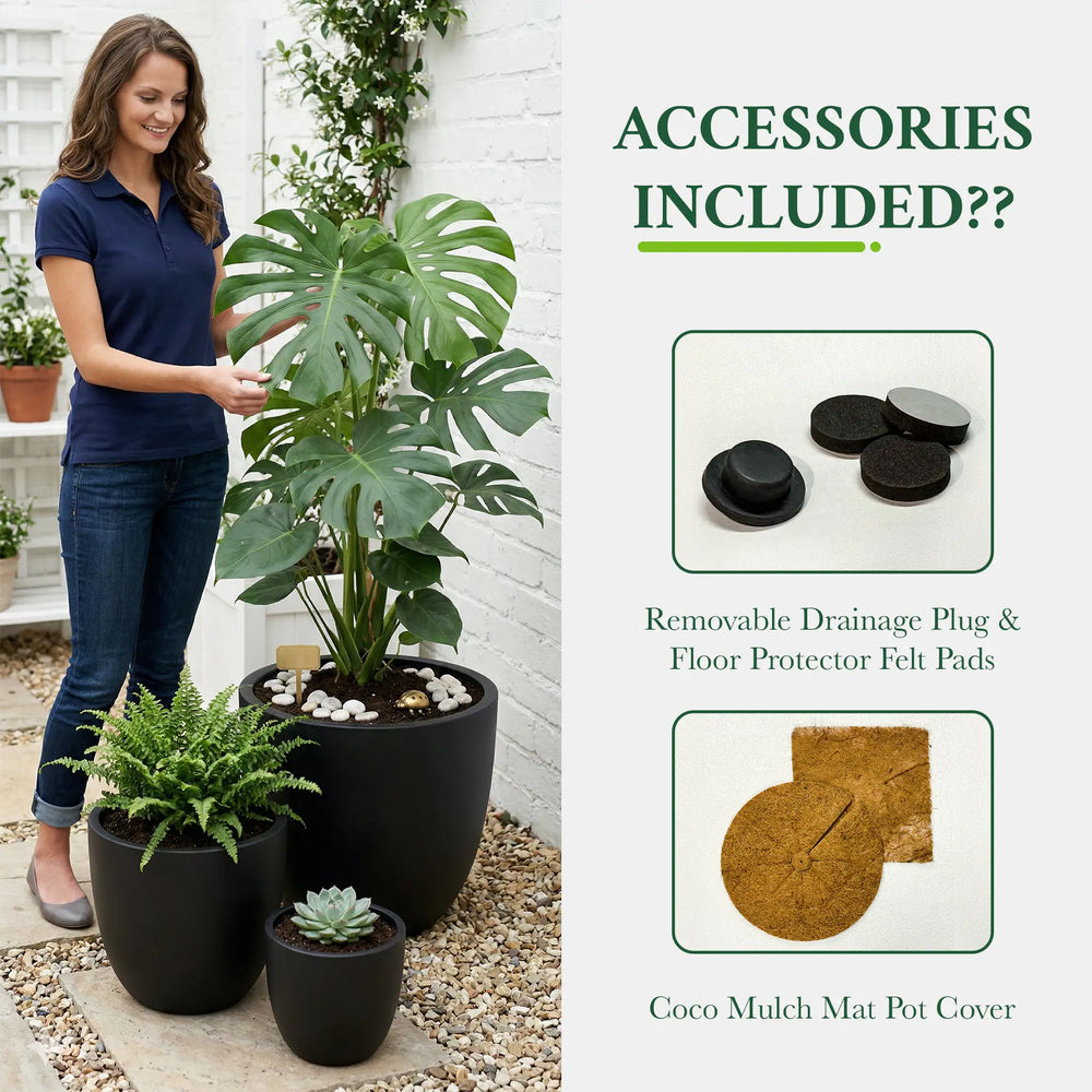 DTY Mount Yale 11.8" D x 11" H (Pot Opening 8.3") Fiberstone Planter with Drainage Hole, Weather Resistant for Indoor and Outdoor, 2 Extra Coco Mats - Black, Small Large / Black