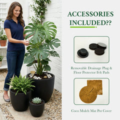 DTY Mount Yale 11.8" D x 11" H (Pot Opening 8.3") Fiberstone Planter with Drainage Hole, Weather Resistant for Indoor and Outdoor, 2 Extra Coco Mats - Black, Small perspective