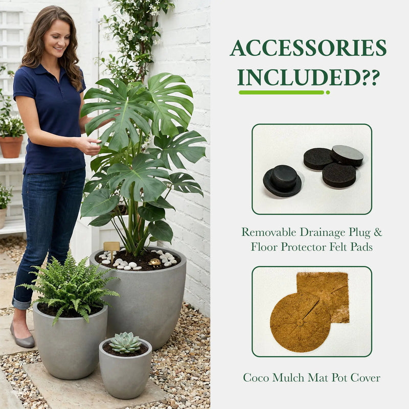 DTY Mount Yale 11.8" D x 11" H (Pot Opening 8.3") Fiberstone Planter with Drainage Hole, Weather Resistant for Indoor and Outdoor, 2 Extra Coco Mats - Black, Small