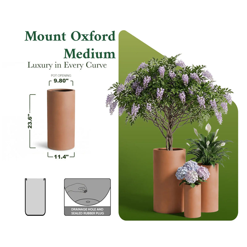 DTY Mount Oxford 15.7" D x 31.5" H (Pot Opening 11.0") Fiberstone Tall Planter with Drainage Hole, Weather Resistant for Indoor and Outdoor, 2 Extra Coco Mats - Black, Large
