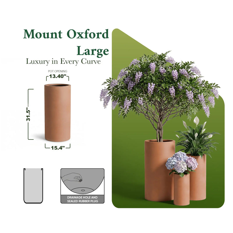 DTY Mount Oxford 15.7" D x 31.5" H (Pot Opening 11.0") Fiberstone Tall Planter with Drainage Hole, Weather Resistant for Indoor and Outdoor, 2 Extra Coco Mats - Black, Large
