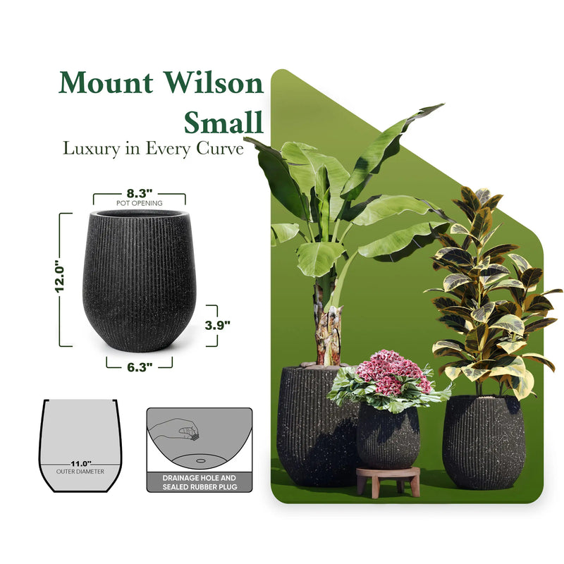 DTY Signature Mount Wilson Modern Indoor Outdoor Fiberstone Tapered Planter, Lightweight, Weather Resistant Garden Pot with Drainage Hole & Rubber Plug (Black, 11'' D x 12'' H)
