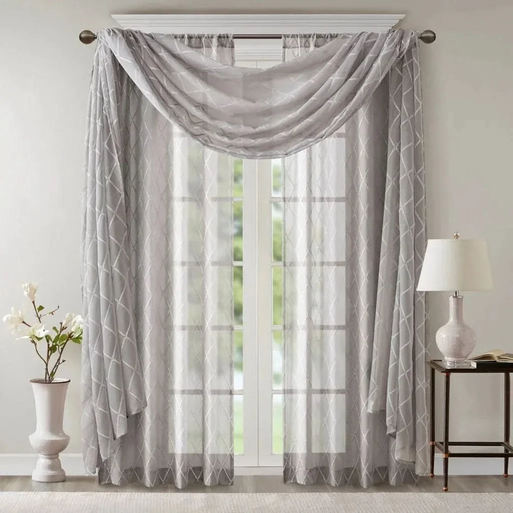Diamond Embroidered Window Scarf Polyester Lightweight Decor Grey Media 1