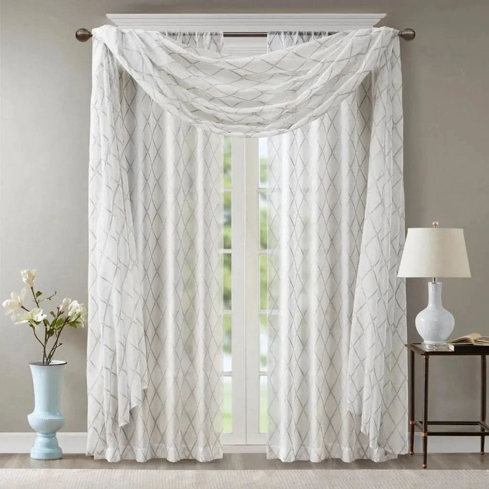 Window Scarf Embroidered Polyester Diamond Pattern Grey & White Decor Media 1