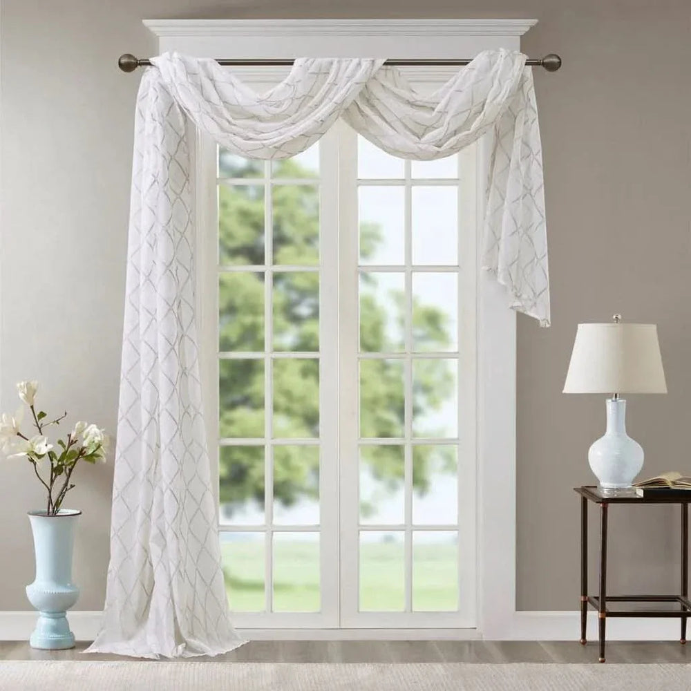 Window Scarf Embroidered Polyester Diamond Pattern Grey & White Decor Media 3