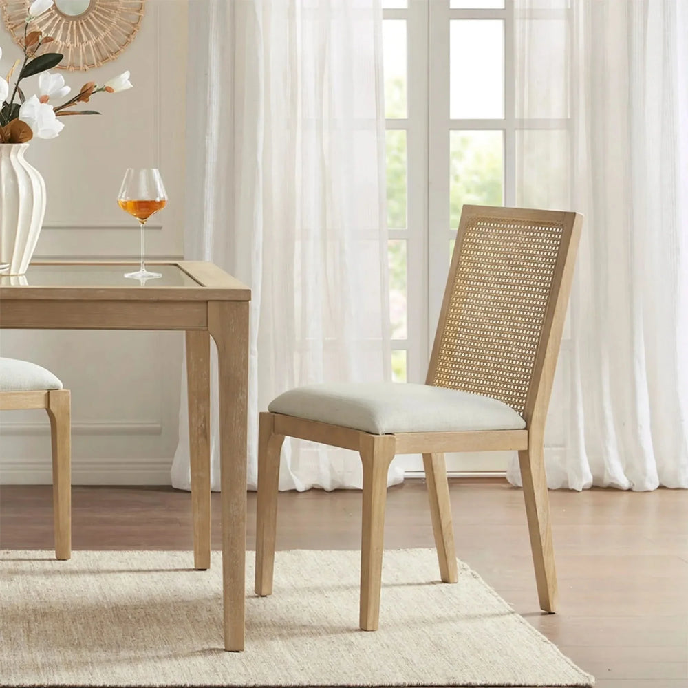 Dining Chair Set Synthetic Cane Back Upholstered Seat Natural Wood Finish Media 2