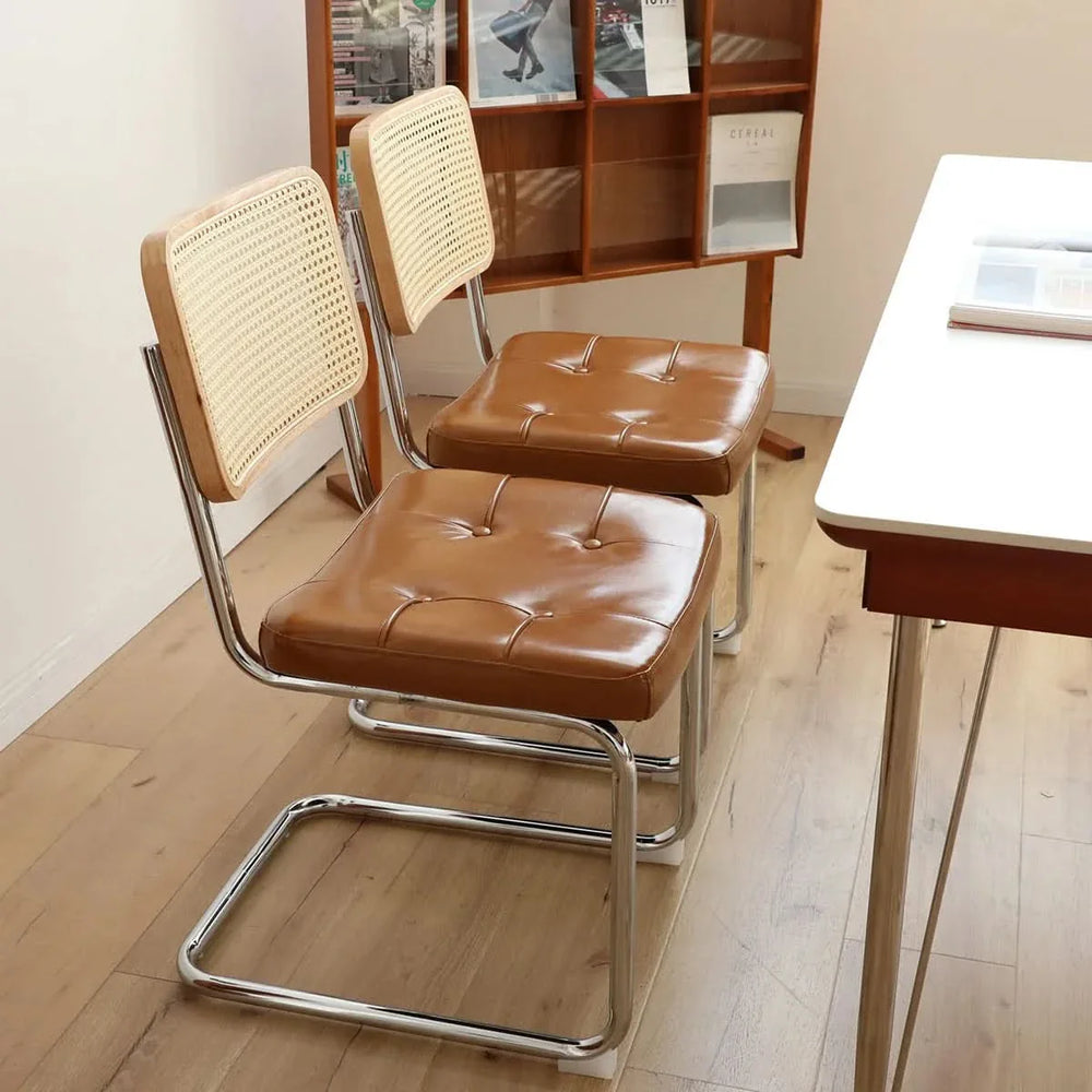 Dining Chairs Leather Rattan Set of 2 Chrome Legs Mid Century Modern Media 23