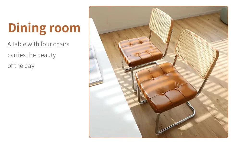 Dining Chairs Leather Rattan Set of 2 Chrome Legs Mid Century Modern Media 2