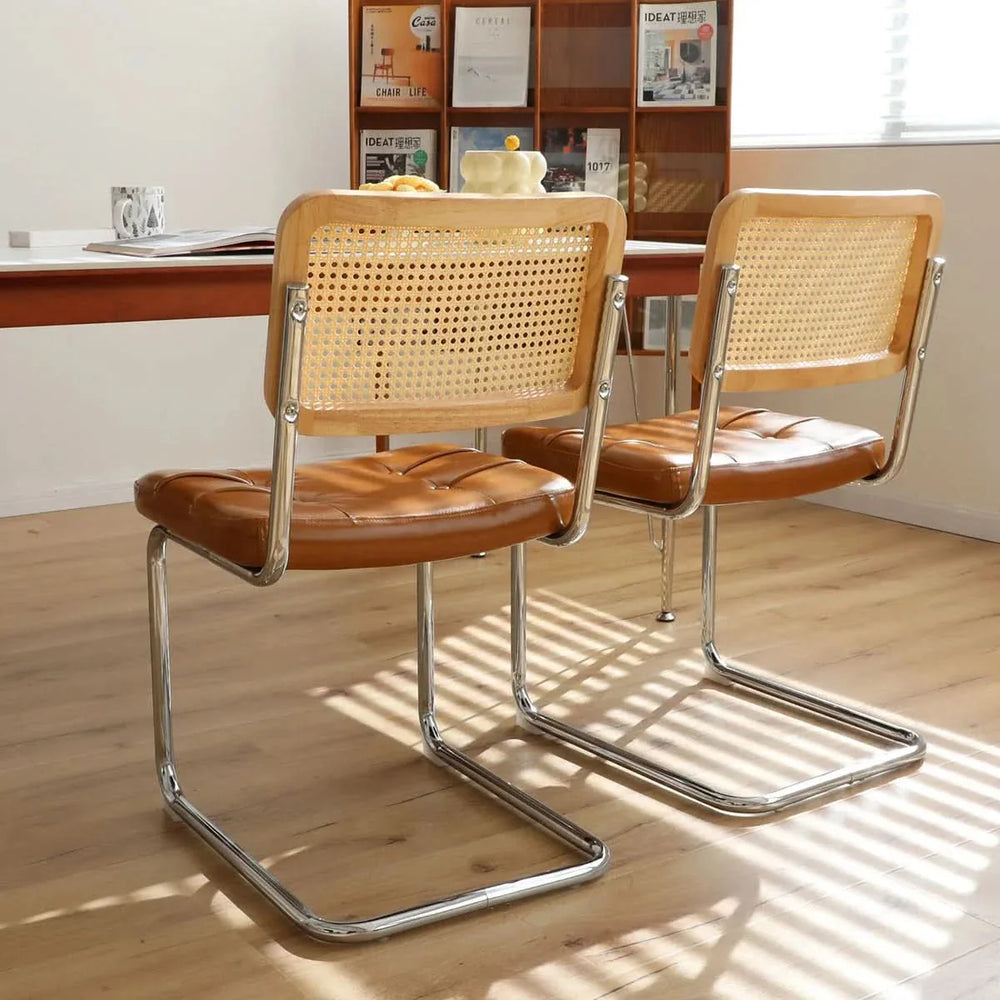 Dining Chairs Leather Rattan Set of 2 Chrome Legs Mid Century Modern Media 22