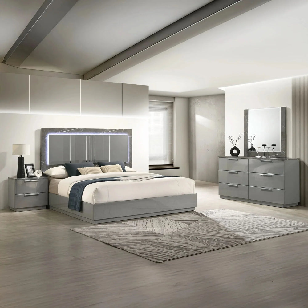 Queen Bedroom Set 4-Piece With Two Tone Marble & Lacquer Led Lighting Media 1