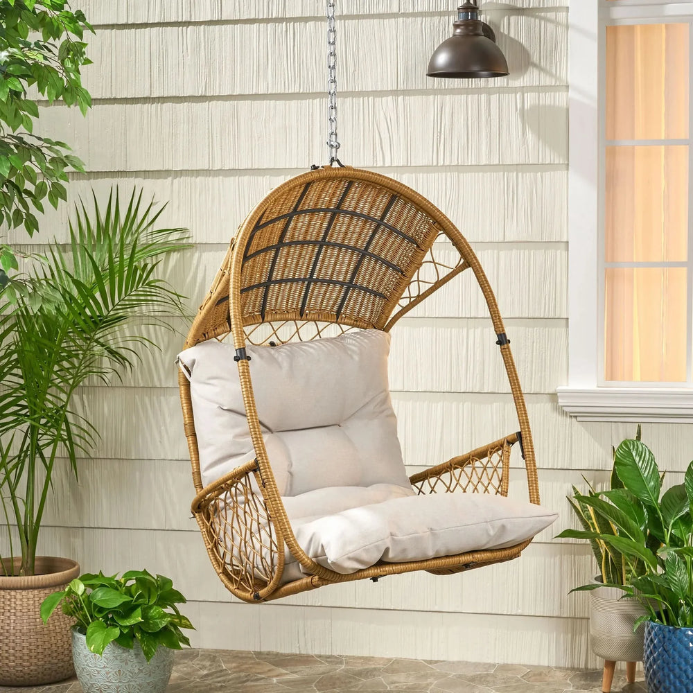 Outdoor Wicker Hanging Chair Fabric Cushion Brown Beige Cozy For Patio Media 5