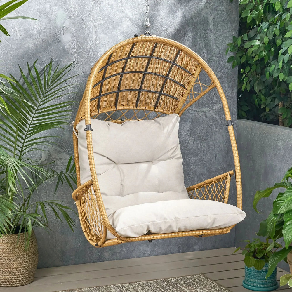 Outdoor Wicker Hanging Chair Fabric Cushion Brown Beige Cozy For Patio Media 2