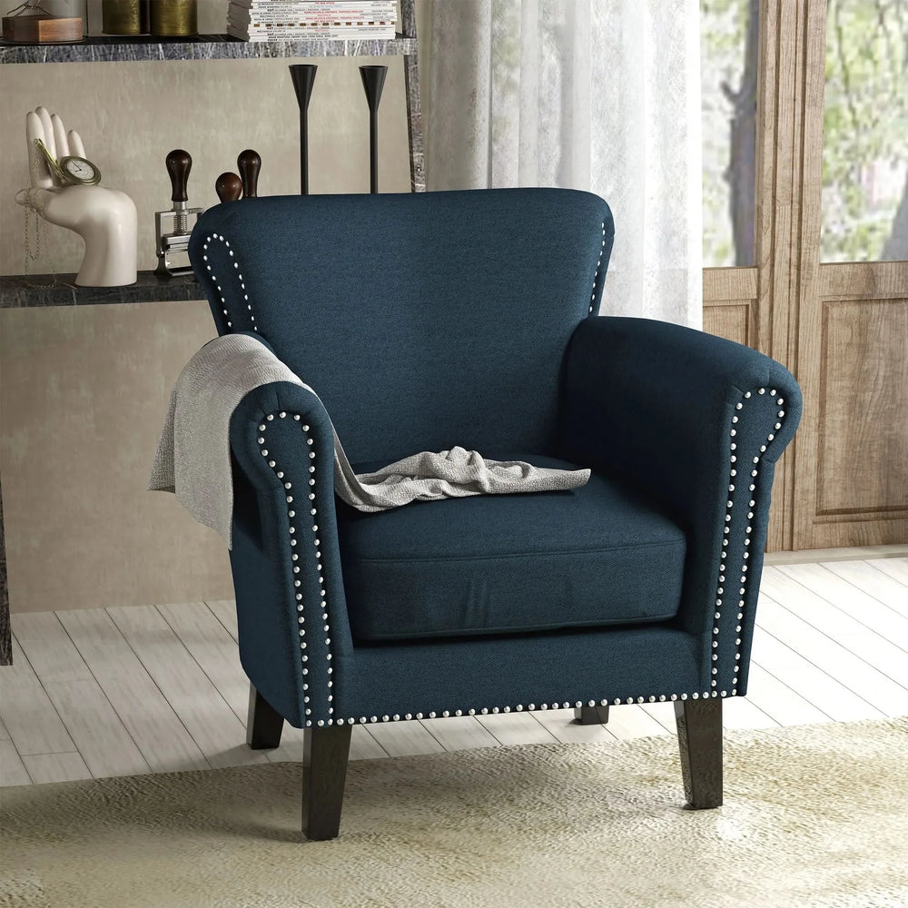 Elegant Navy Blue Fabric Club Chair with Nailhead Trim and Birch Wood Legs Media 2