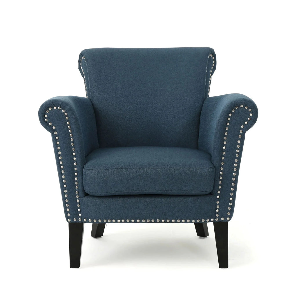 Elegant Navy Blue Fabric Club Chair with Nailhead Trim and Birch Wood Legs Media 4
