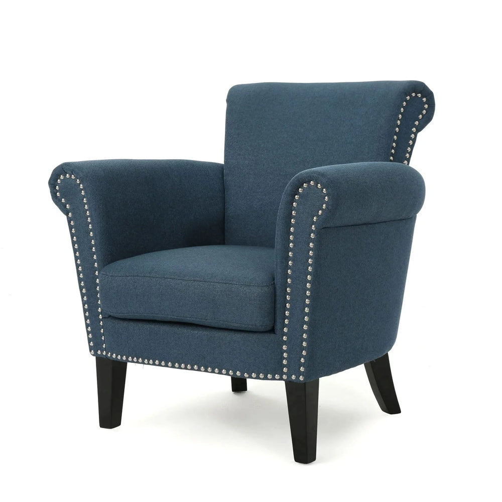 Elegant Navy Blue Fabric Club Chair with Nailhead Trim and Birch Wood Legs Media 1