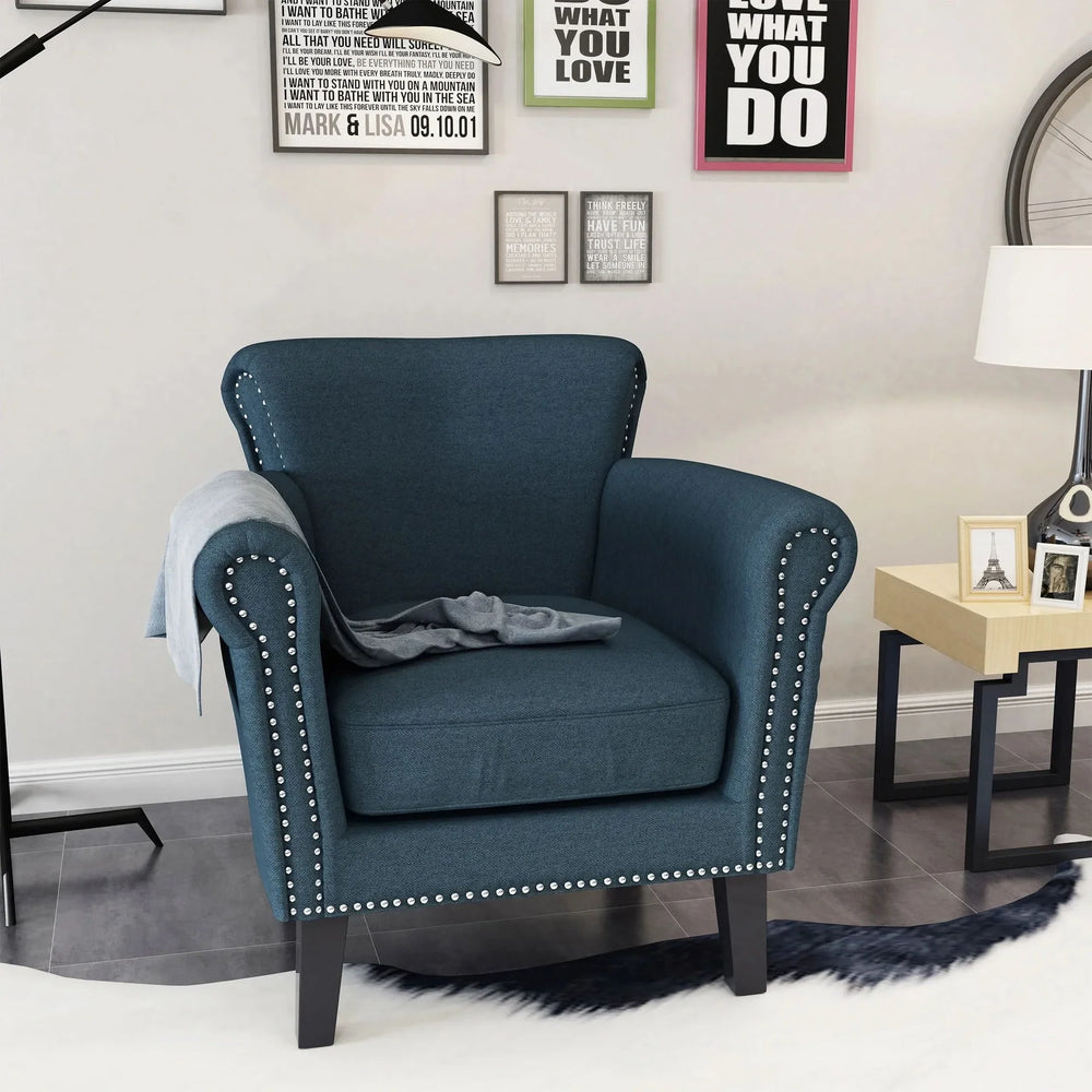 Elegant Navy Blue Fabric Club Chair with Nailhead Trim and Birch Wood Legs Media 5
