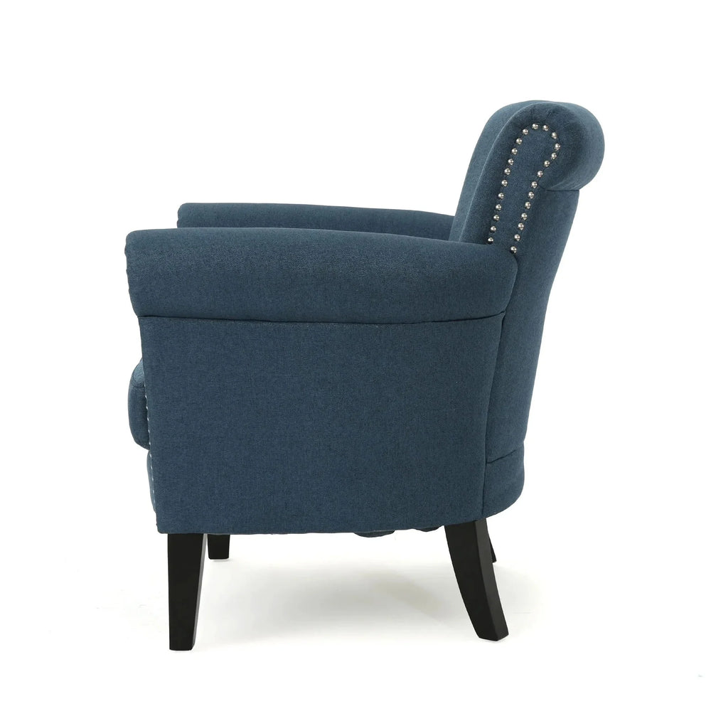 Elegant Navy Blue Fabric Club Chair with Nailhead Trim and Birch Wood Legs Media 6