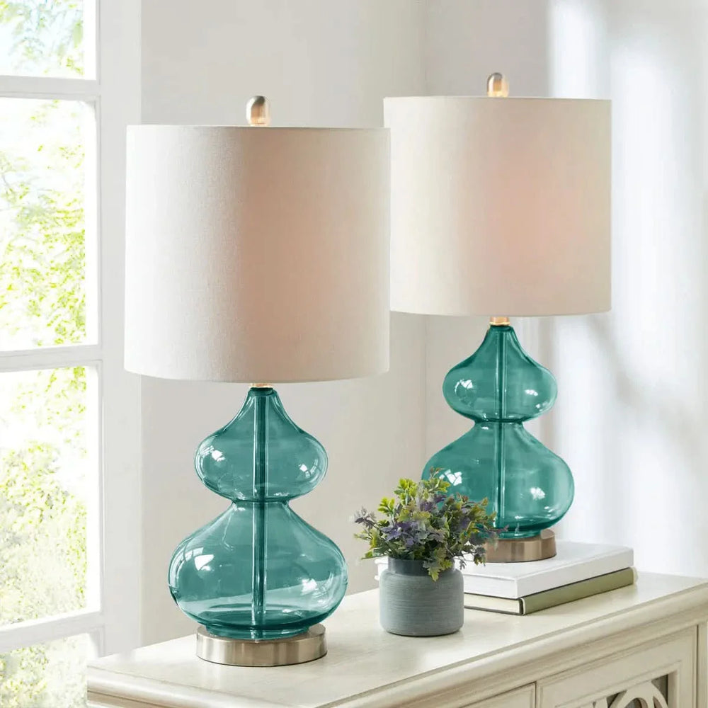 Glass Table Lamp Ellipse Curved Glass Blue Cotton Shade Set Of 2 Lamps Media 2