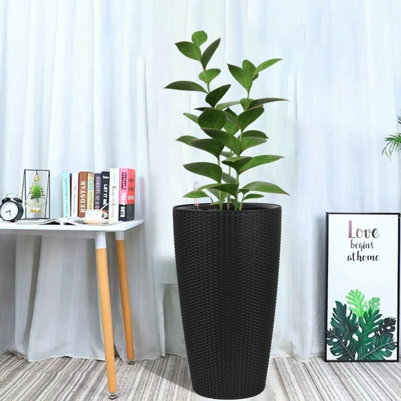 Self-Watering Wicker & Plastic Indoor Outdoor Planters Garden Decor Set
