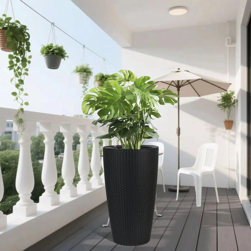Self-Watering Wicker & Plastic Indoor Outdoor Planters Garden Decor Set
