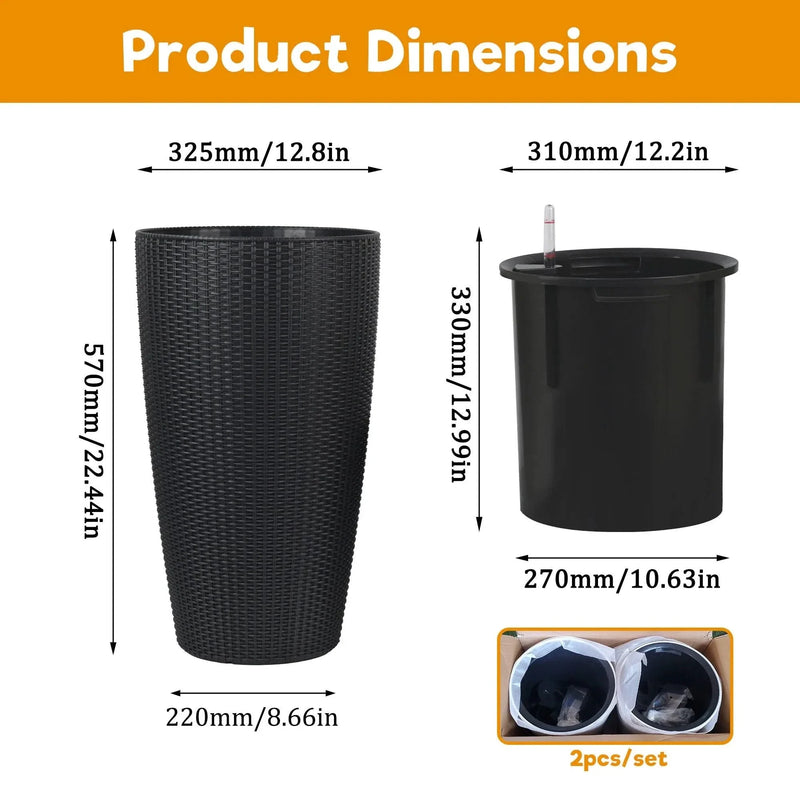 Self-Watering Wicker & Plastic Indoor Outdoor Planters Garden Decor Set