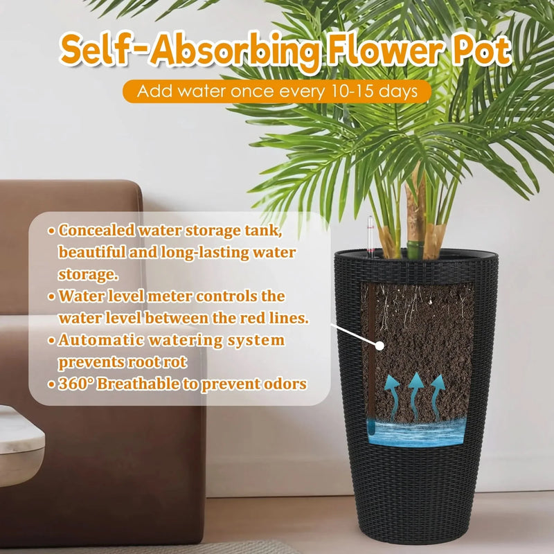 Self-Watering Wicker & Plastic Indoor Outdoor Planters Garden Decor Set