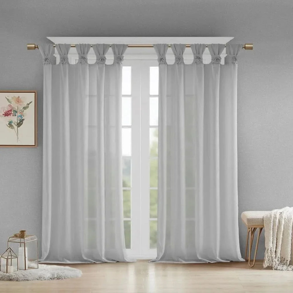 Linen Curtains Grey Tab Top Panel Floral Embellished Single Panel Media 2