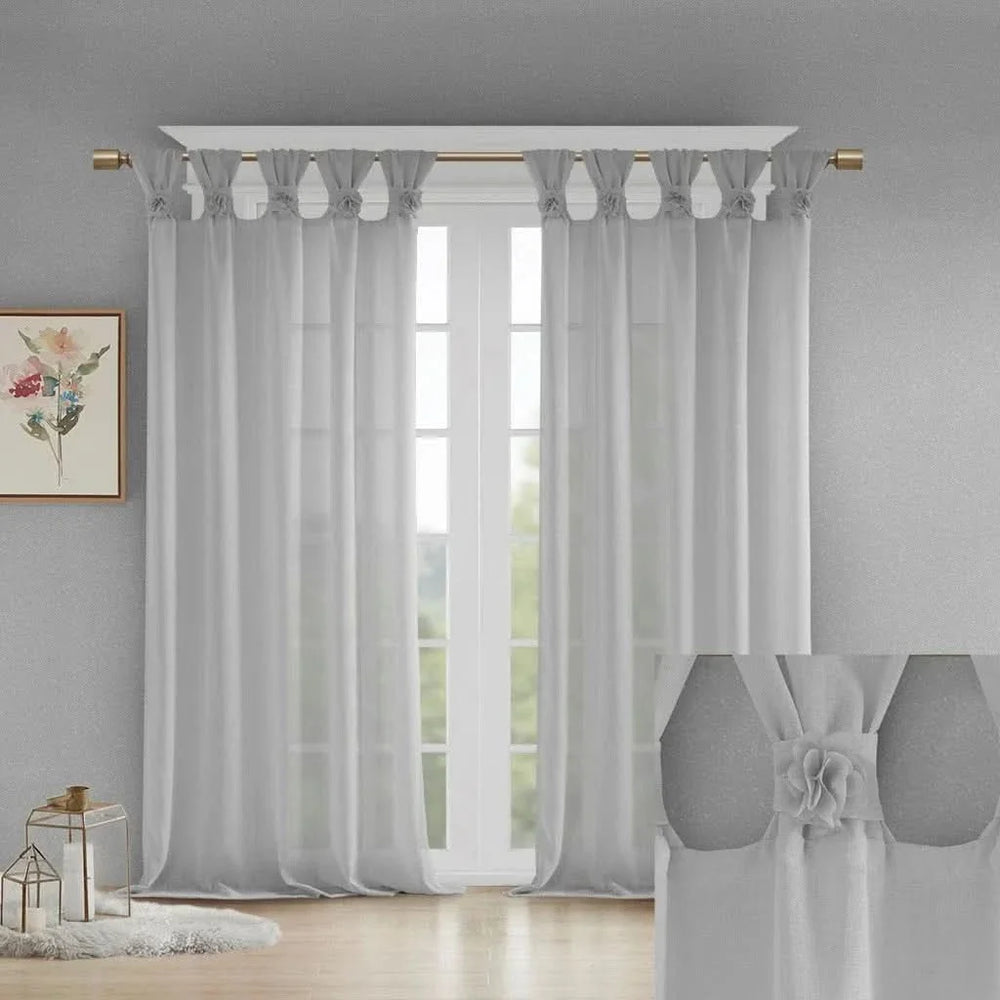 Linen Curtains Grey Tab Top Panel Floral Embellished Single Panel Media 3