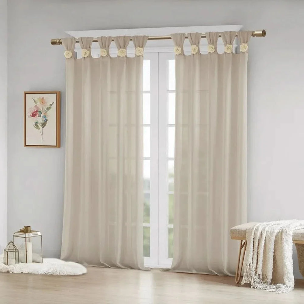 Linen Curtain Panel Floral Cuff Tab Top Beige One Panel For Living Room Media 3