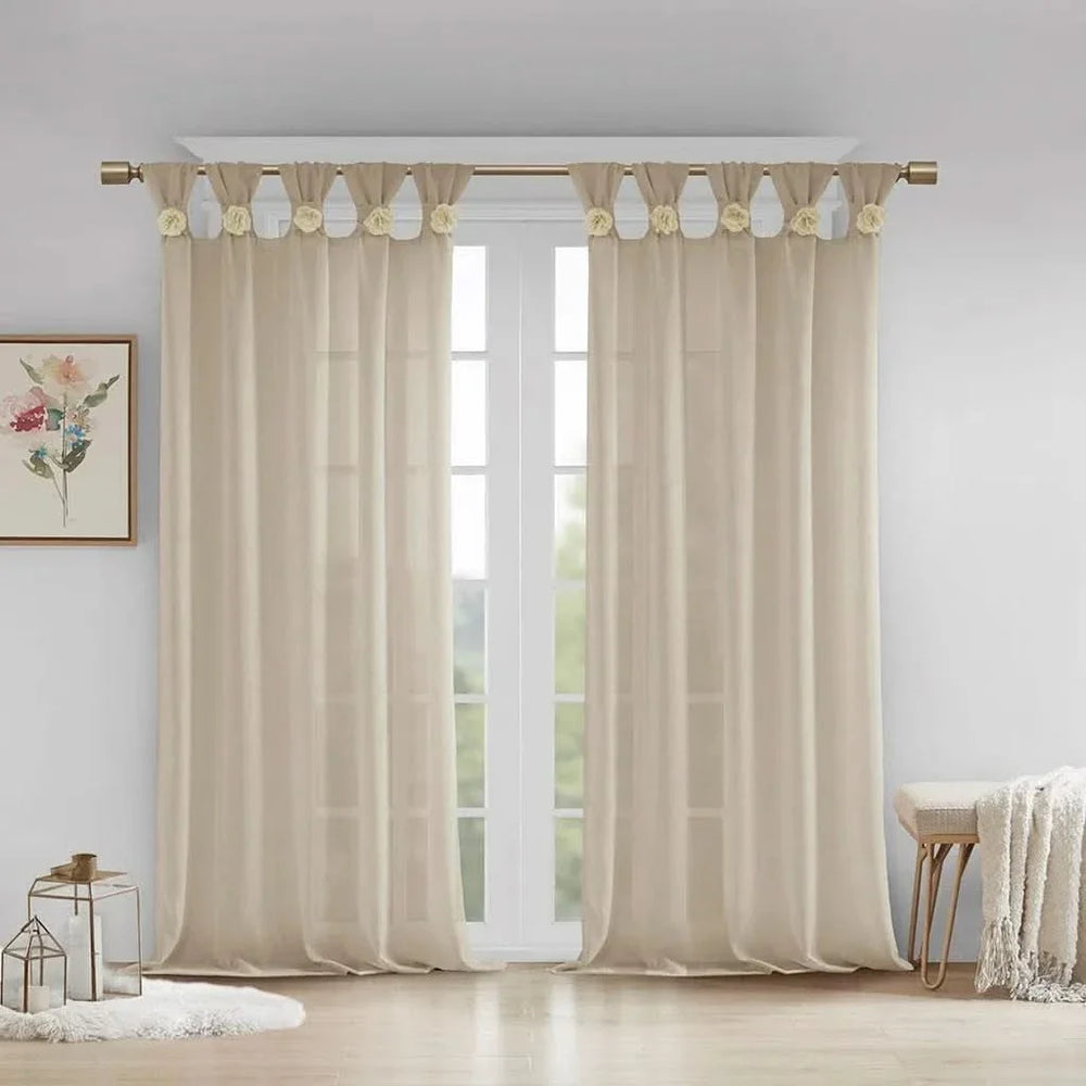 Linen Curtain Panel Floral Cuff Tab Top Beige One Panel For Living Room Media 2
