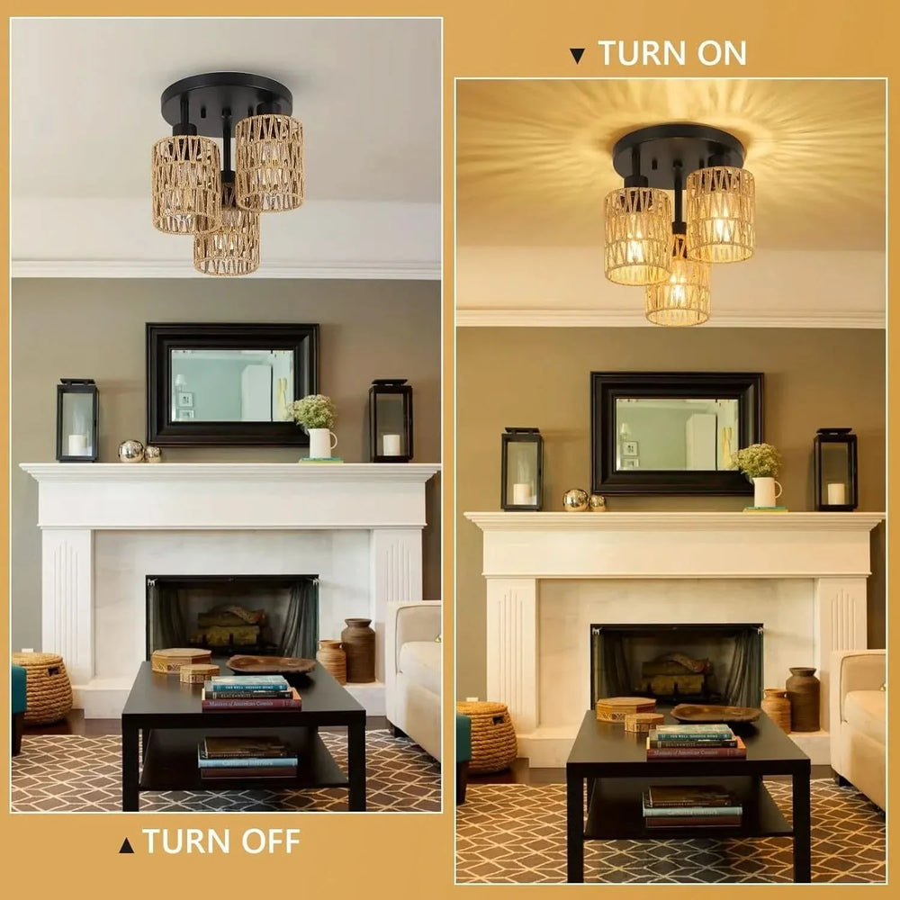 Rattan Ceiling Light Rattan & Metal Boho Style Living Room Fixture Media 9