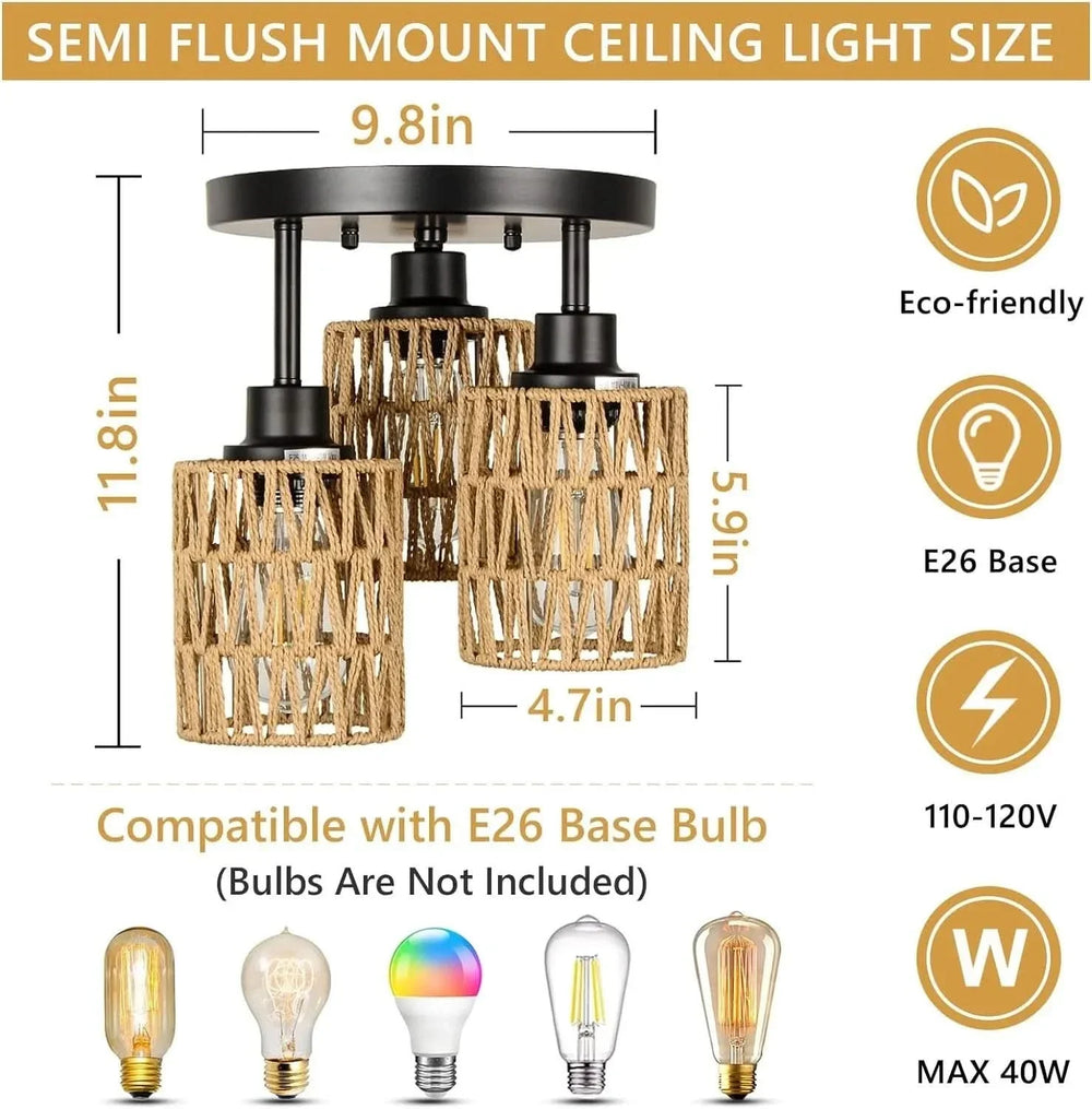 Rattan Ceiling Light Rattan & Metal Boho Style Living Room Fixture Media 6