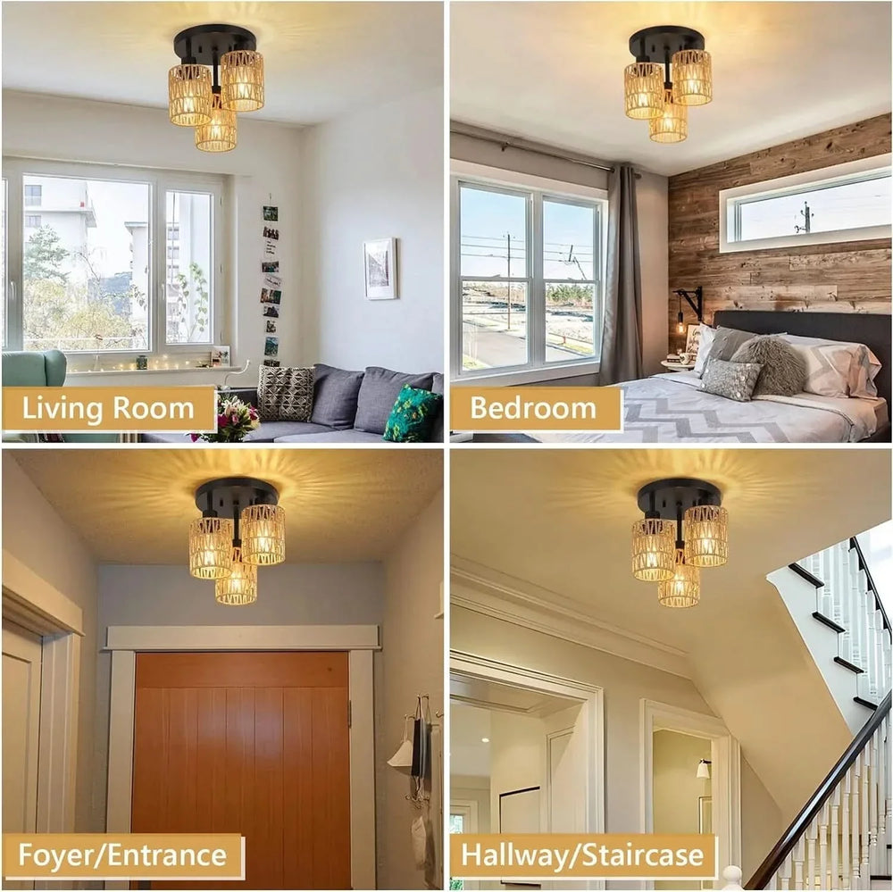 Rattan Ceiling Light Rattan & Metal Boho Style Living Room Fixture Media 2